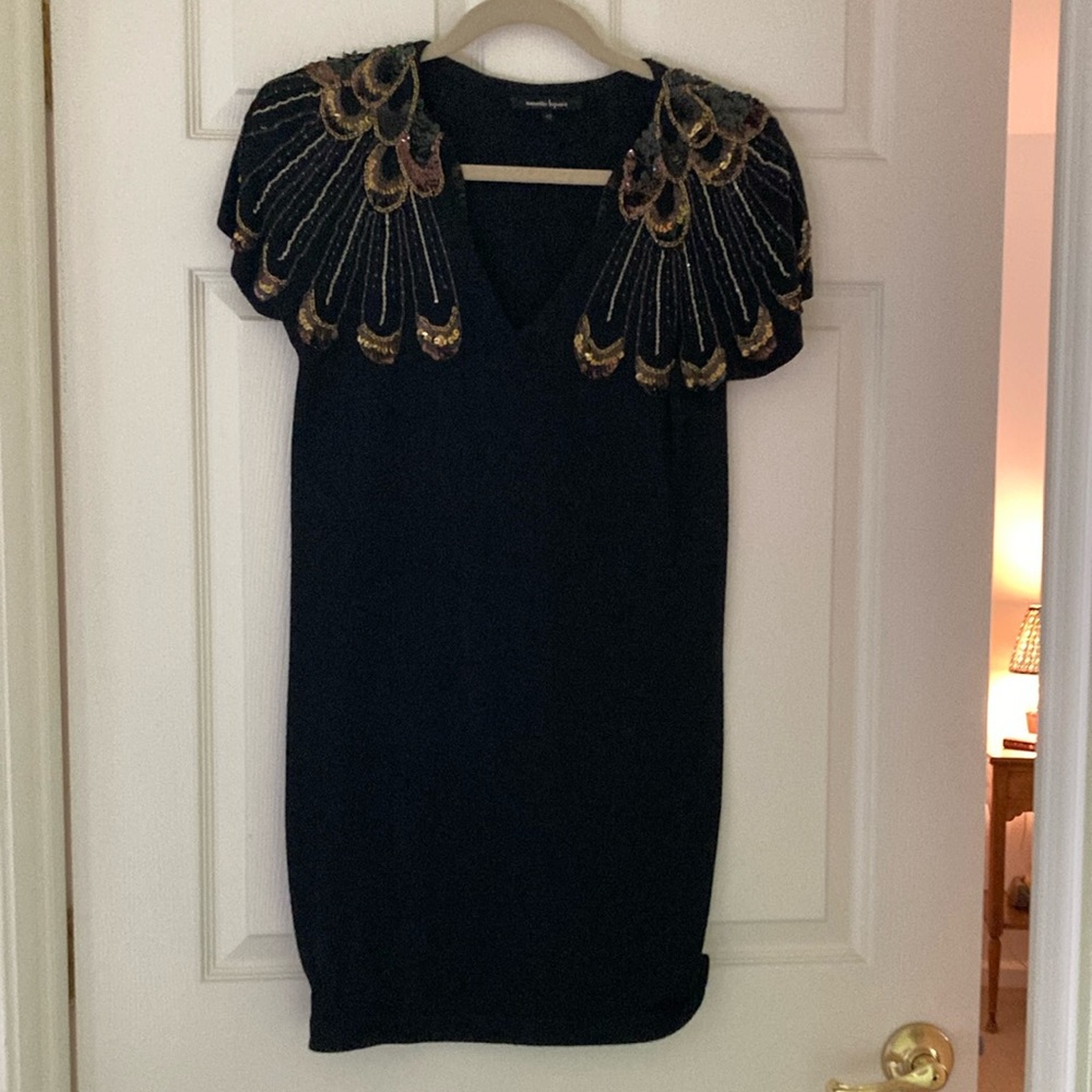 Nanette Lepore Black Sheath Mini Dress V-Neck Flutter Sleeves